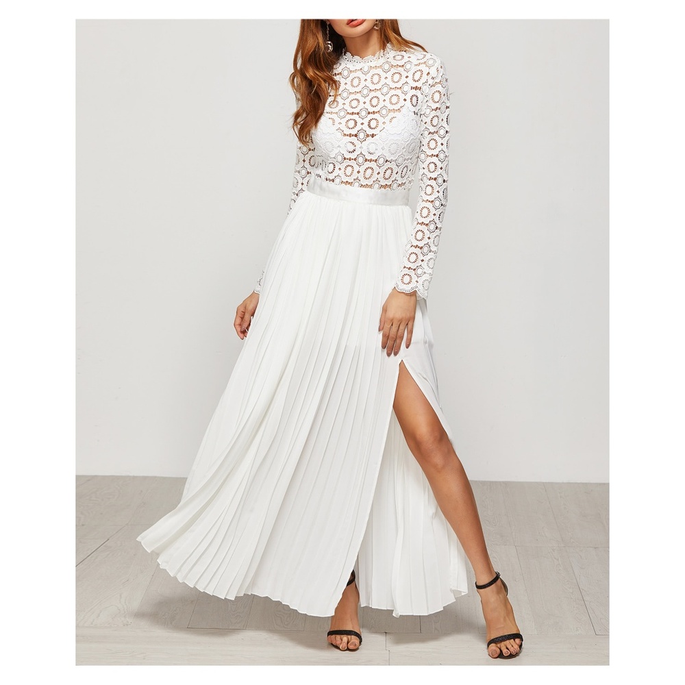 White Embroidered Top Pleated Maxi Dress